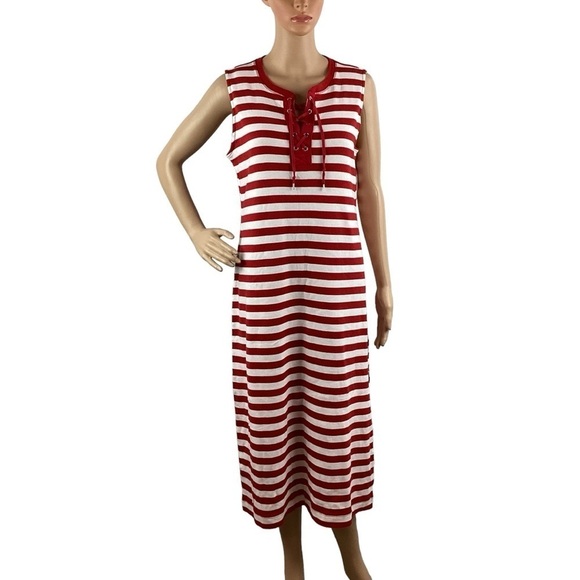 Chaps Red Stripe Sleeveless Cotton Midi Dress Size L - Picture 1 of 7